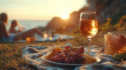 A picnic scene at sunset featuring a checkered blanket laid on grass,