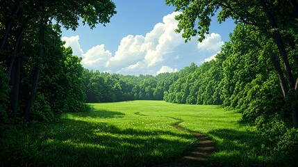 Serene Green Meadow Surrounded by Lush Trees and Blue Sky