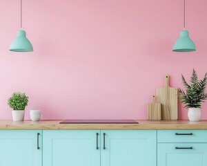 Vibrant pastel blue kitchen with wooden countertops and bright natural lighting, colorful design