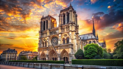 Fototapeta premium Majestic Notre Dame Cathedral at Sunset, Gothic Architecture, Parisian Landmark, Twilight Cityscape