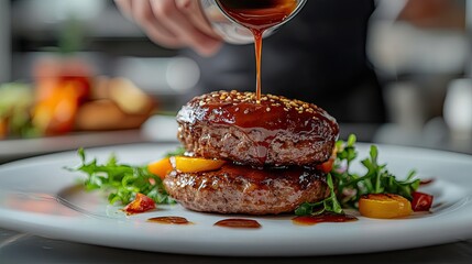 A chef's hand pours a rich sauce over a beautifully plated dish featuring a seared steak garnished with a dollop of creamy sauce and fresh herbs.
