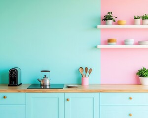 Chic and colorful kitchen with pastel blue tones, wooden countertops, and metallic appliances