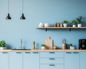 Elegant modern kitchen interior in pastel blue, featuring wooden countertops and contemporary details