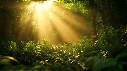 Sunlight Filtering Through Lush Green Forest Canopy and Ferns