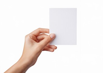 Obraz premium Woman s Hand Holding Blank White Note Card Mockup Isolated on White Background