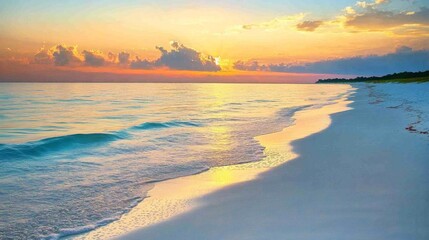 Fototapeta premium Tropical Beach with Soft Waves and Pastel Sunset Sky – Relaxing Coastal Landscape