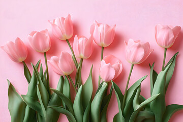 Fototapeta premium Beautiful composition spring flowers. Bouquet of pink tulips flowers on pastel pink background. Valentine's Day, Easter, Birthday, Happy Women's Day, Mother's Day. Flat lay, top view, copy space