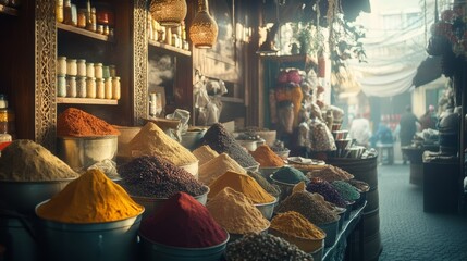 Naklejka premium Bountiful display of spices in sacks and barrels exudes a rich tapestry of colors, scents, and culture in a bustling market setting.