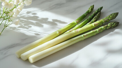 Fototapeta premium An Apollo asparagus spear resting on a clean white surface, offering a slightly thicker stalk