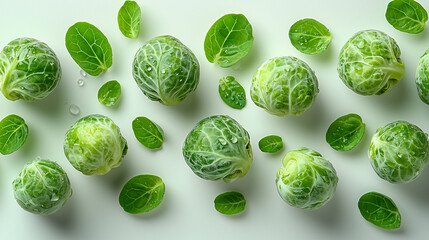 Brussels sprouts gathered on a pure white background, viewed from a top-down angle