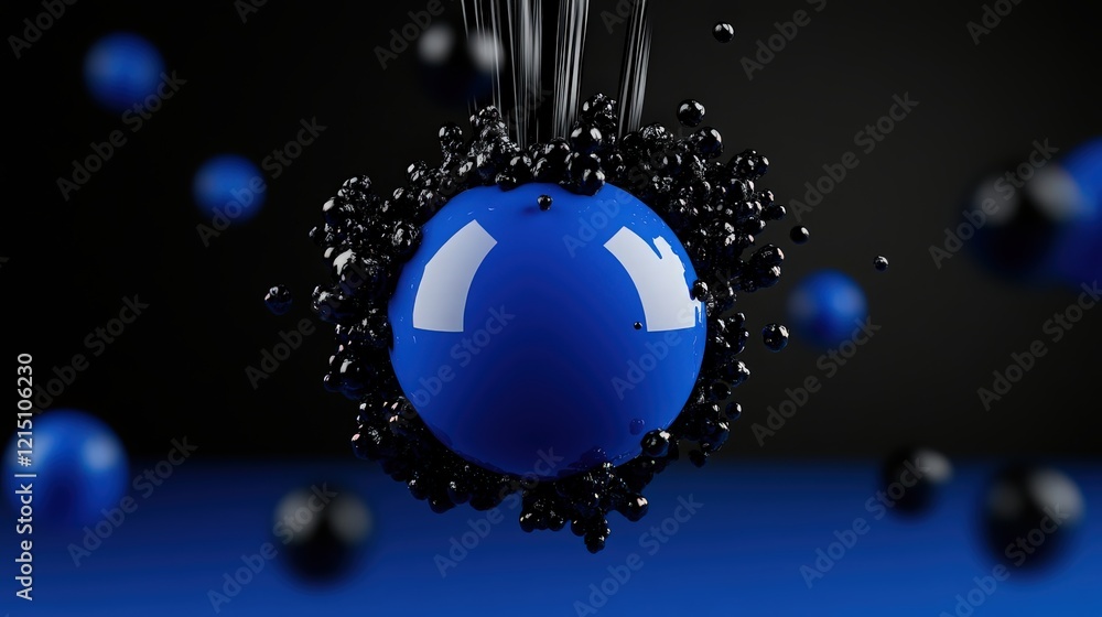 Poster abstract blue sphere with black particles: a captivating abstract composition featuring a glossy blu