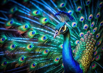 Obraz premium Majestic Peacock with Loose Tail Feathers at Night, Vibrant Colors, Dark Background