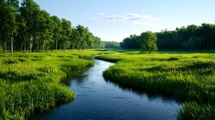 Fototapeta premium Serene Green Landscape with Calm River and Lush Vegetation