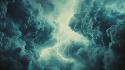 Obraz premium Dark, swirling storm clouds gather menacingly, pierced by a vivid lightning bolt, capturing nature’s raw and untamed energy.
