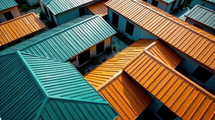 Aerial View of Residential Building Complex with Teal and Orange Metal Roofs