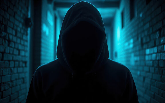 faceless figure in a black hood in a brick corridor with Aquamarine lighting