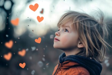Little child looking up with floating hearts symbolizing kindness, love, and positive emotions