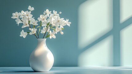 A clear glass vase is filled with delicate white flowers and green stems,