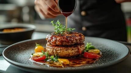 A chef's hand pours a rich sauce over a beautifully plated dish featuring a seared steak garnished with a dollop of creamy sauce and fresh herbs.