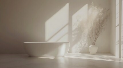 Minimalist Bathroom Design Featuring Freestanding Tub and Dried Flowers