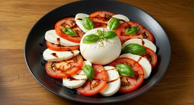 Fresh caprese salad with mozzarella, tomato slices, and basil on black plate