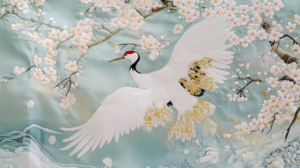 Naklejka premium Delicate Crane and Cherry Blossom Embroidery Art