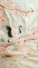 Delicate Embroidered Silk with Crane and Cherry Blossoms