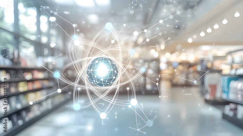 Poster atom model network within blurred retail store setting