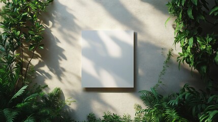 Blank white square sign hangs on light stone wall. Green plants surround wall creating shadows on sign. Outdoor scene suggests cafe shop. Empty sign offers design template for promotions. Stylish