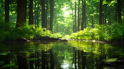 Serene Forest Scene with Calm Water and Lush Green Foliage