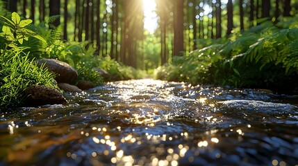 Tranquil Stream Flowing Through Lush Green Forest at Sunrise