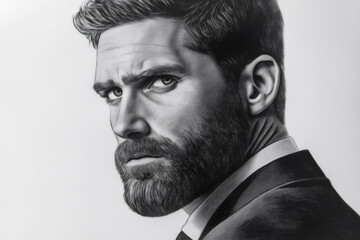 Realistic pencil drawing of a confident businessman with beard and suit, creating a dramatic and sophisticated portrait