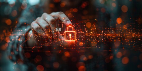 Hand pointing at a glowing red digital padlock icon surrounded by interconnected data points and lines,