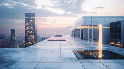 Fototapeta premium Energy storage solutions integrated into a modern skyscraper rooftop, city skyline in the distance, soft twilight lighting