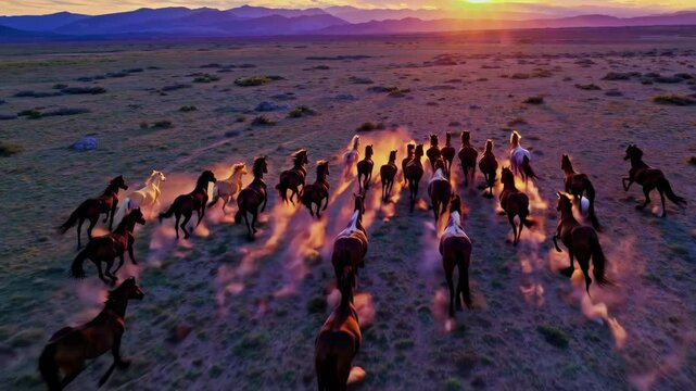 herd of wild horses running across an open plain at sunset
