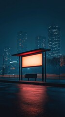 Digital billboard at minimalist bus stop with urban reflections