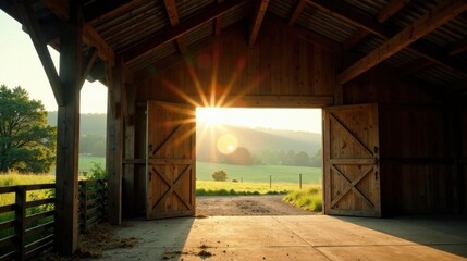 Obraz premium Rustic Wooden Barn Doors Open to a Scenic Sunrise View Revealing a Tranquil Pastoral Landscape
