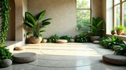 Serene Indoor Oasis Featuring Circular Floor Design with Potted Plants and Stone Accents
