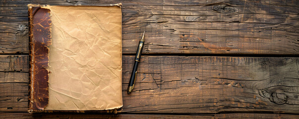 Fototapeta premium Vintage blank paper and quill on rustic wooden background