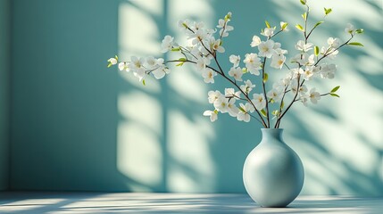 A clear glass vase is filled with delicate white flowers and green stems,