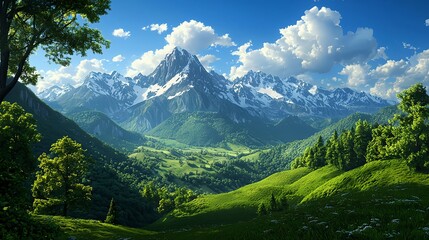 Majestic Mountain Landscape Under Blue Sky with Fluffy Clouds