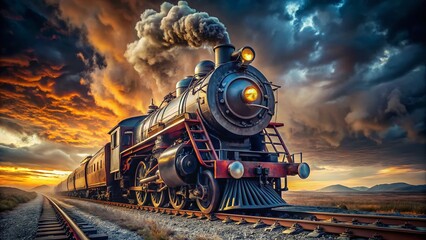 Majestic Steam Locomotive Head-on, Dramatic Landscape, Vintage Train, Railway, Industrial Heritage