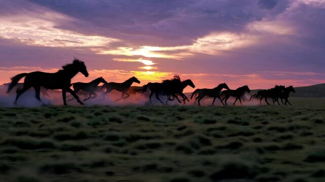 herd of wild horses running across an open plain at sunset