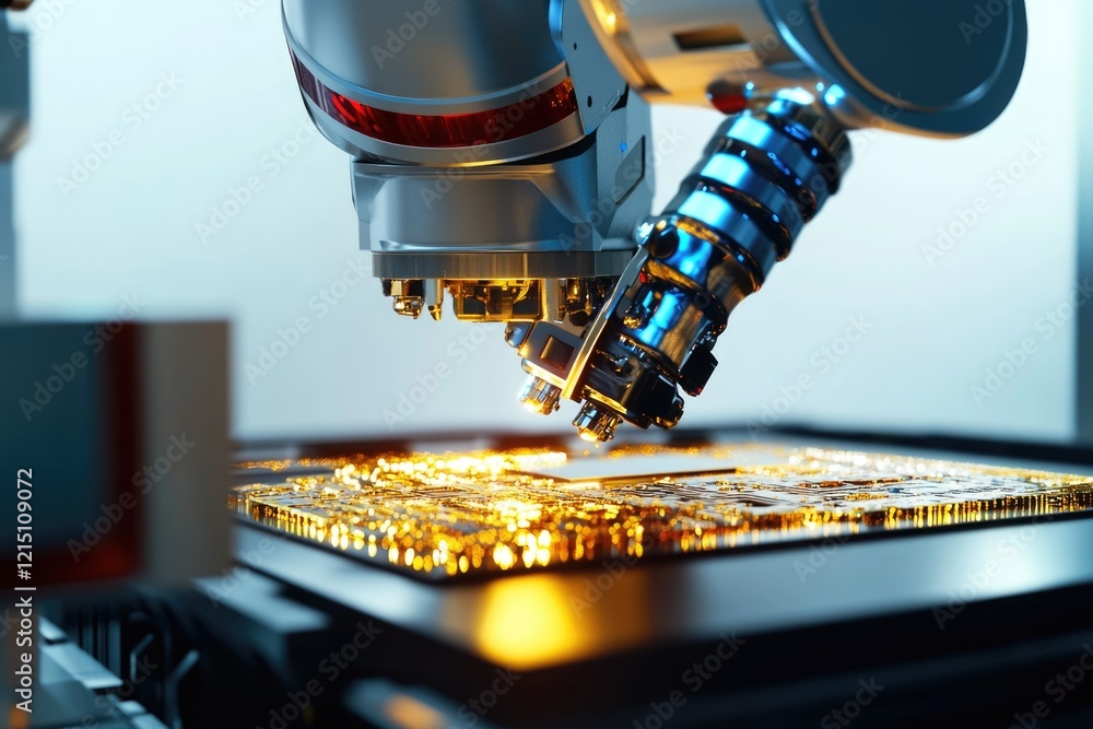 Aufkleber a robotic arm precisely positions a component onto a circuit board during advanced manufacturing.