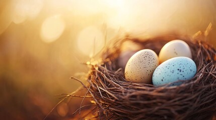 Nestled in Golden Light: A delicate bird's nest cradles four speckled eggs, bathed in the warm glow of a setting sun. The scene evokes a sense of peace and tranquility.