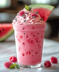 Creamy watermelon smoothie topped with raspberries, watermelon slice and whipped cream on a sunny day cafe setting. Glass of pink fruit smoothie on a restaurant countertop. Summer drink, healthy treat