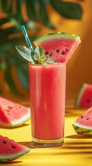 Watermelon smoothie served in a tall glass, accented with mint leaves and a slice of watermelon on bright yellow tropic background. Summer beverage, fruit smoothie. Antioxidant drink, summer vibe