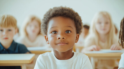 Multicultural children sit in classroom. Diverse kids in bright school setting. Happy children focus on learning. Students in primary school collaborate. Inclusive education environment. Focus on