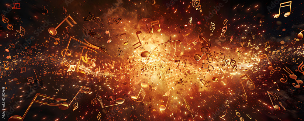 Poster Dynamic image of music notes bursting with flames and sparkles