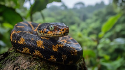 Fototapeta premium Coiled Python Resting on Branch in Lush Rainforest Habitat